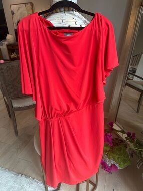 Vince Camuto Coral-Red Draped Mini Dress with Flutter Sleeves